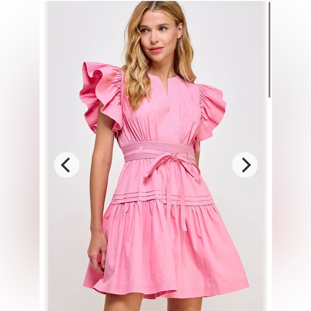 Elegant Pink Midi Dress with Ruffled Sleeves- Strut and Bolt- NEW w/o tags